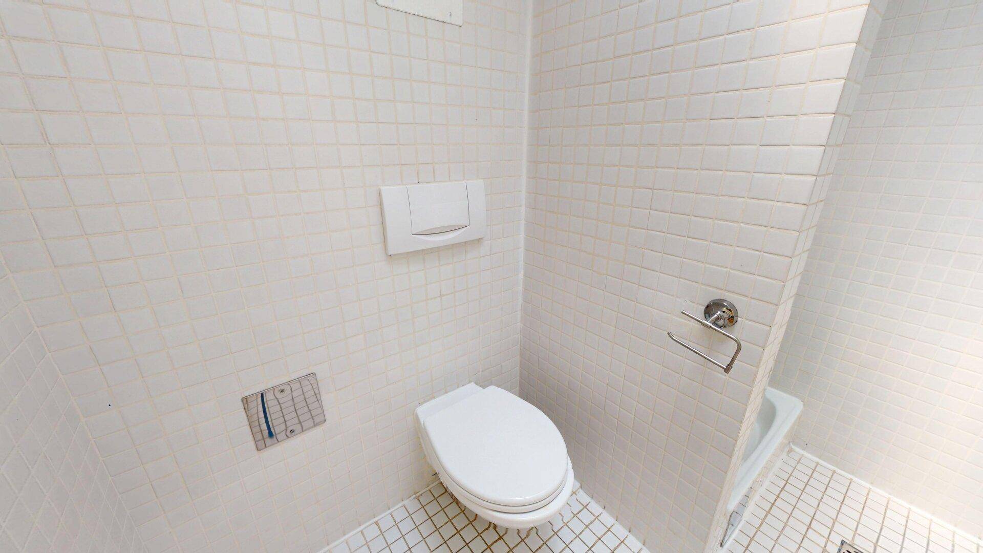Kompakter Toilettenbereich mit WC, weißen Fliesen und einem Toilettenpapierhalter an der Wand.