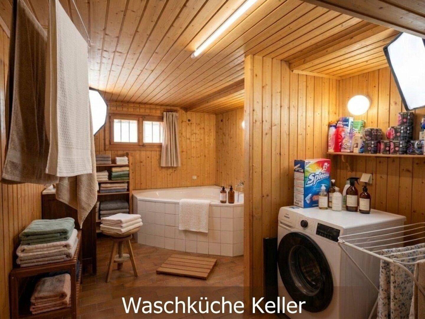 Waschküche im Keller mit Holzverkleidung, einer Eckbadewanne und einer Waschmaschine.