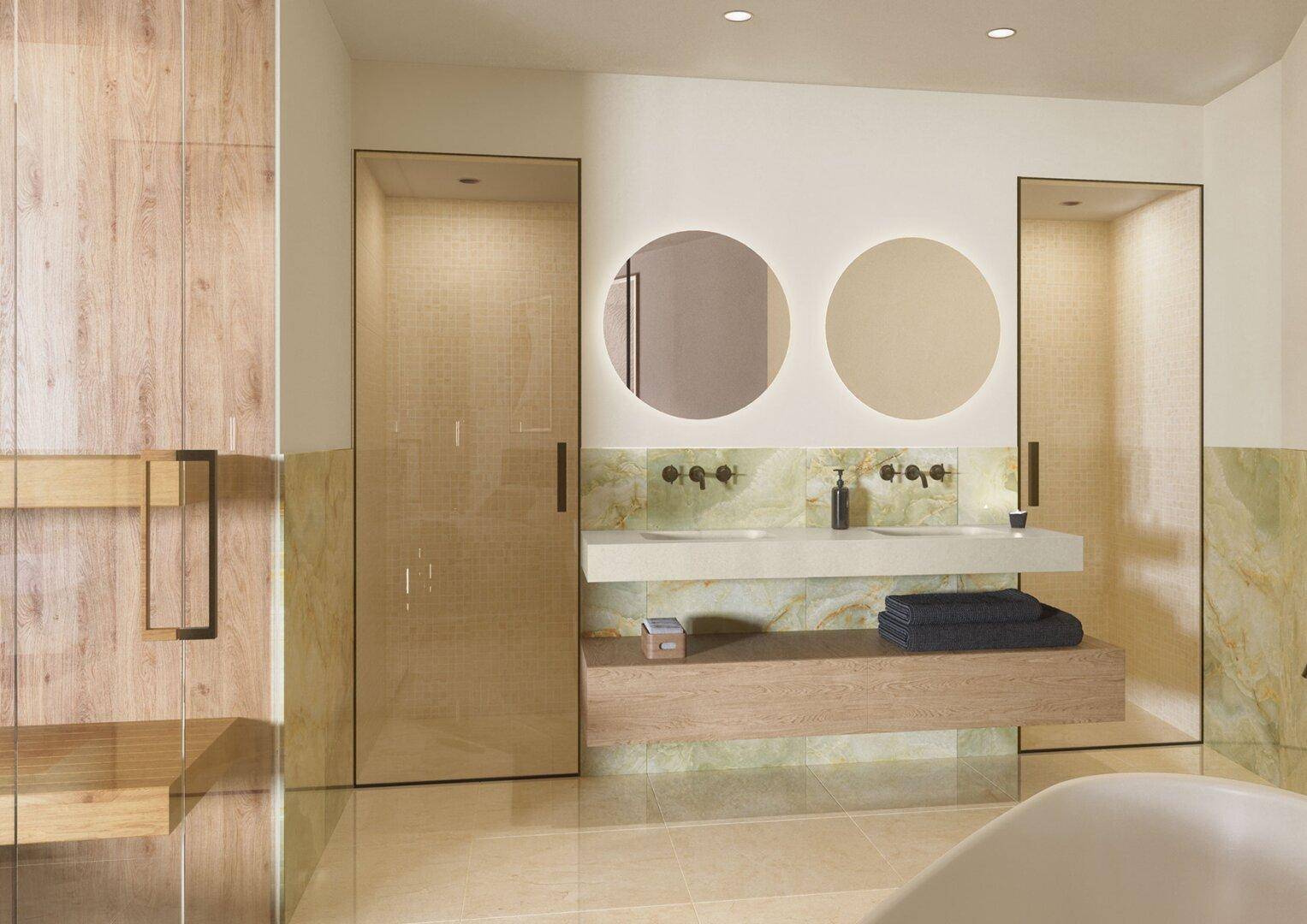 Modernes Badezimmer mit Doppelwaschbecken, beleuchteten Spiegeln und begehbarer Dusche.