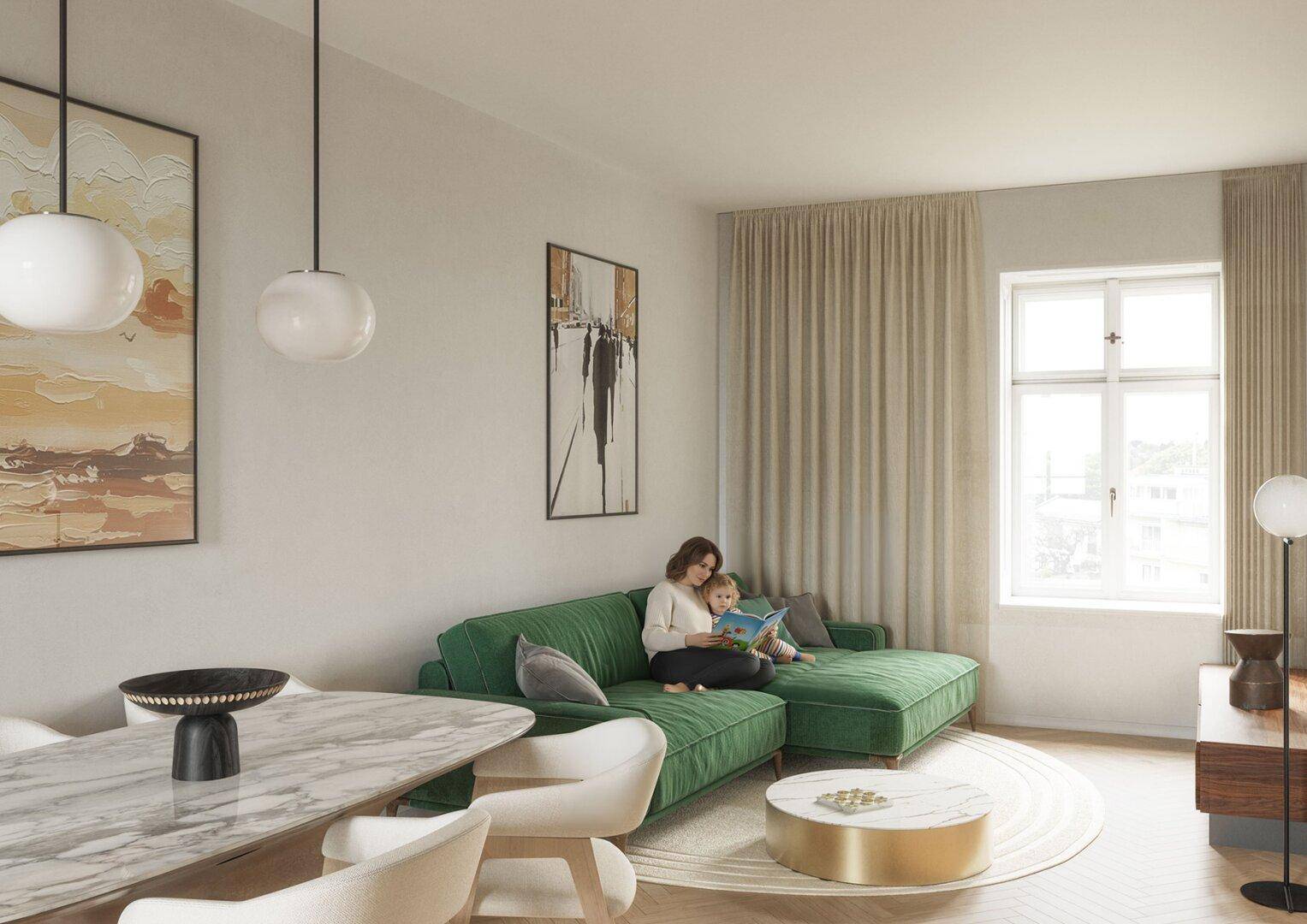 Gemütlicher Wohn- und Essbereich mit grünem Sofa, Esstisch und großen Fenstern.