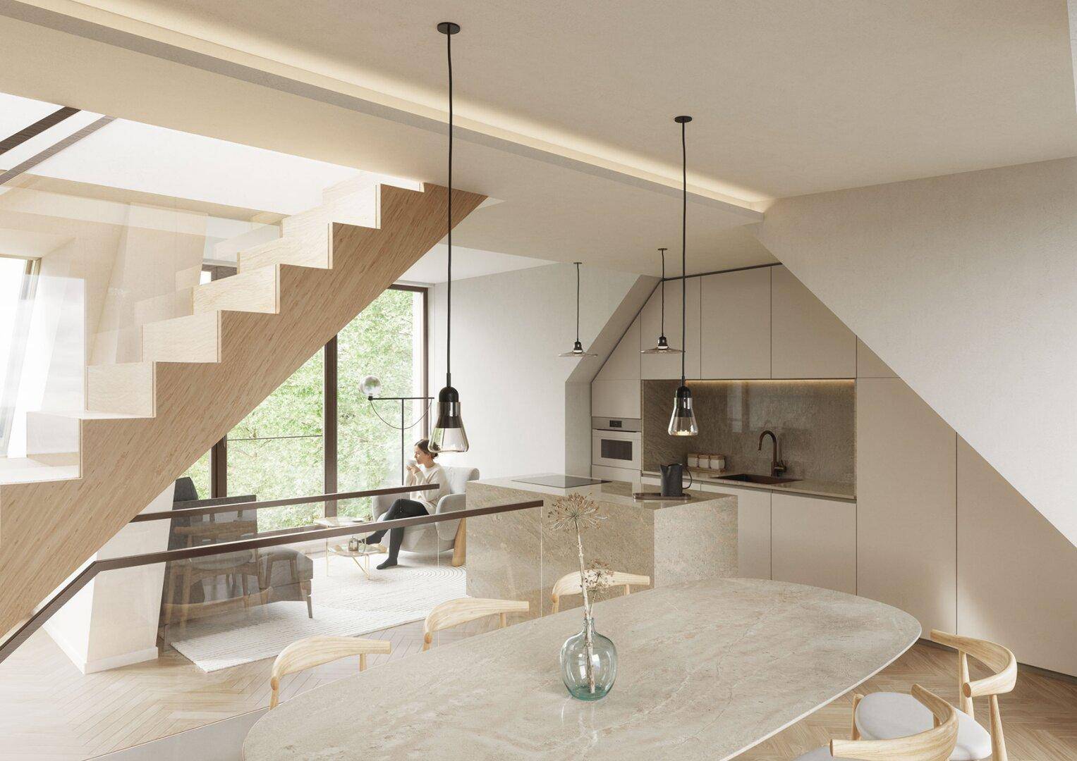 Offener Wohn- und Essbereich mit moderner Küche, Treppe und viel Tageslicht.