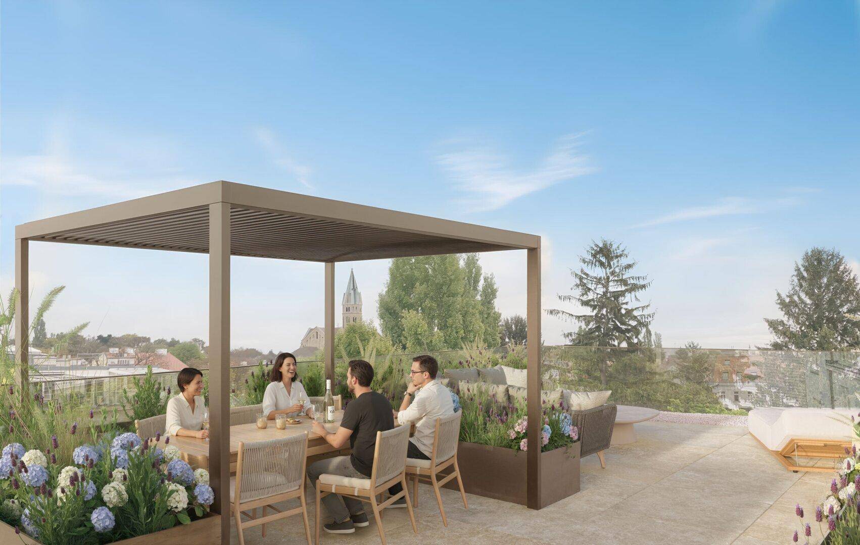 Große Dachterrasse mit Essbereich unter einer Pergola und weitem Blick.