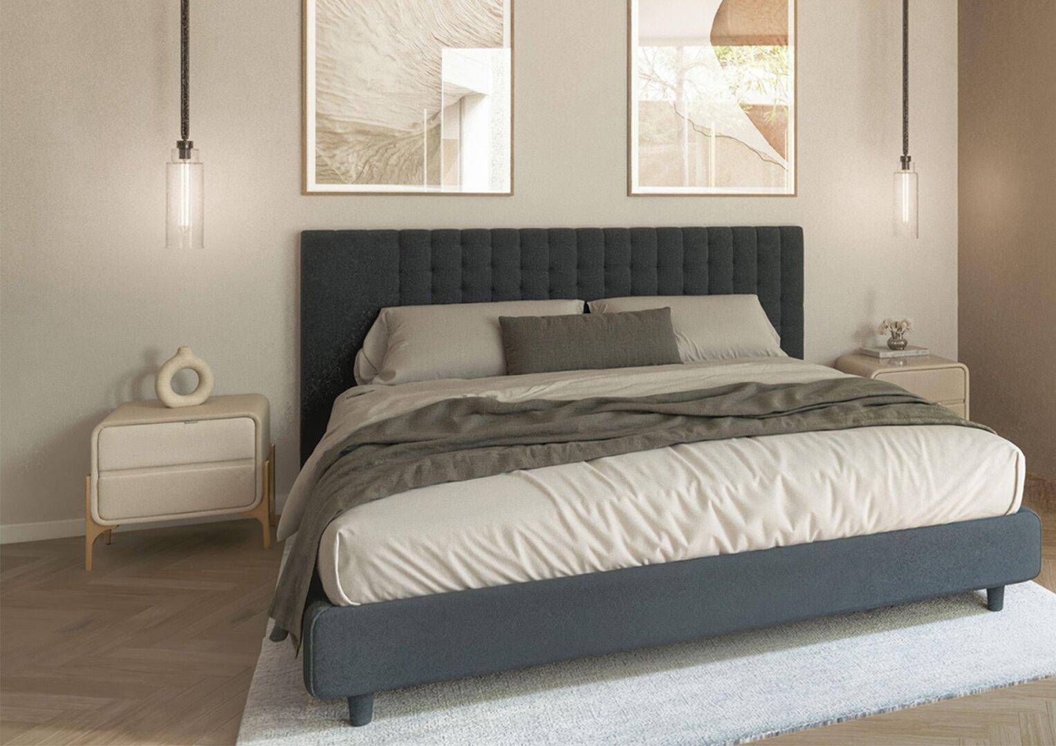 Modernes Schlafzimmer mit großem Doppelbett, Nachttischen und stilvollen Hängelampen.