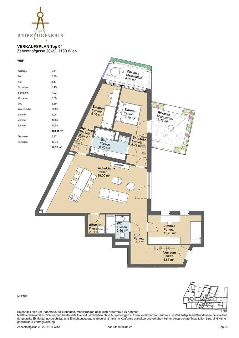 Grundrissplan einer modernen Wohnung mit offenem Wohnbereich, mehreren Schlafzimmern und zwei Terrassen.