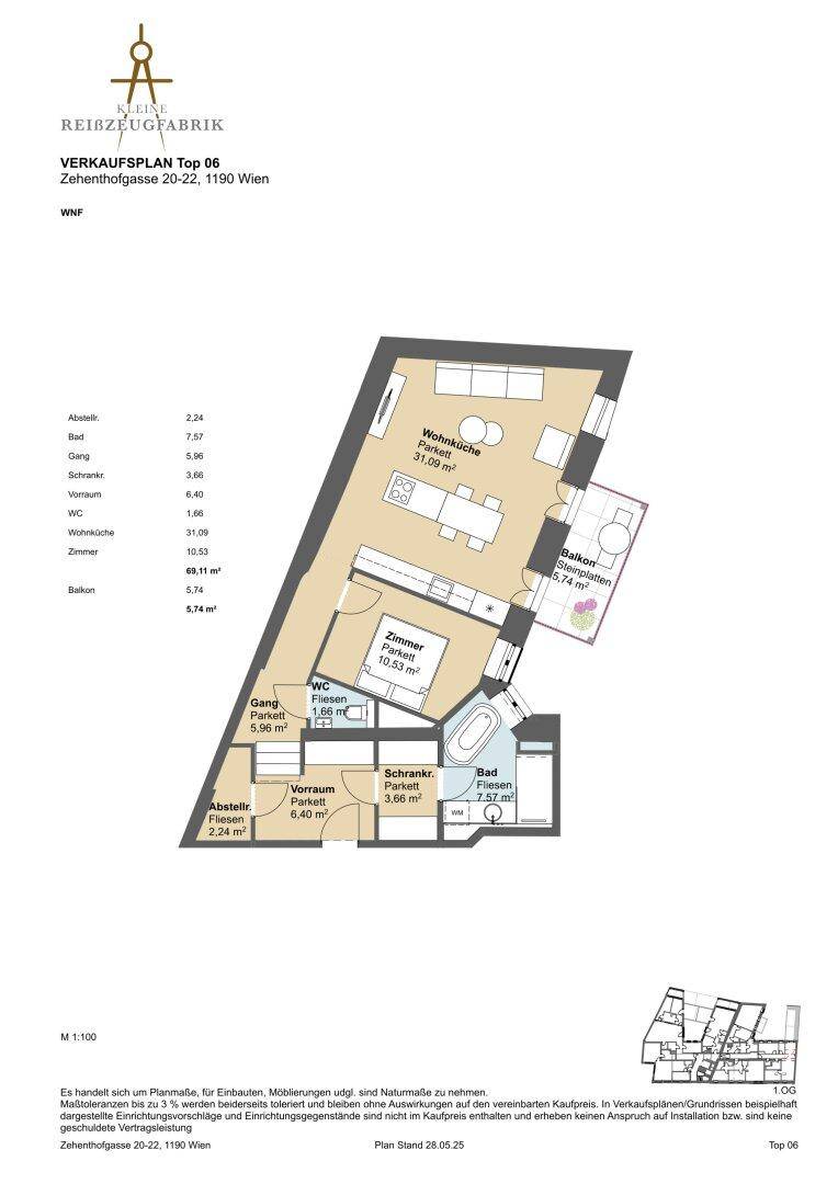Grundriss einer Wohnung mit offener Wohnküche, einem Schlafzimmer, Bad mit Badewanne, separatem WC und Balkon.