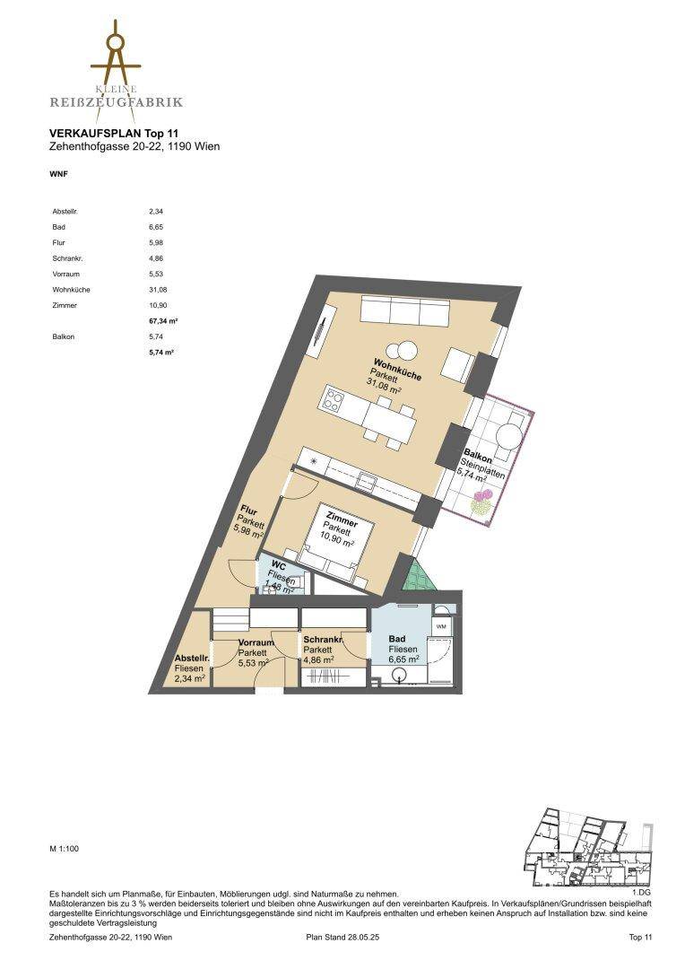 Grundriss einer Wohnung mit offener Wohnküche, einem Schlafzimmer, Bad, separatem WC und Balkon.