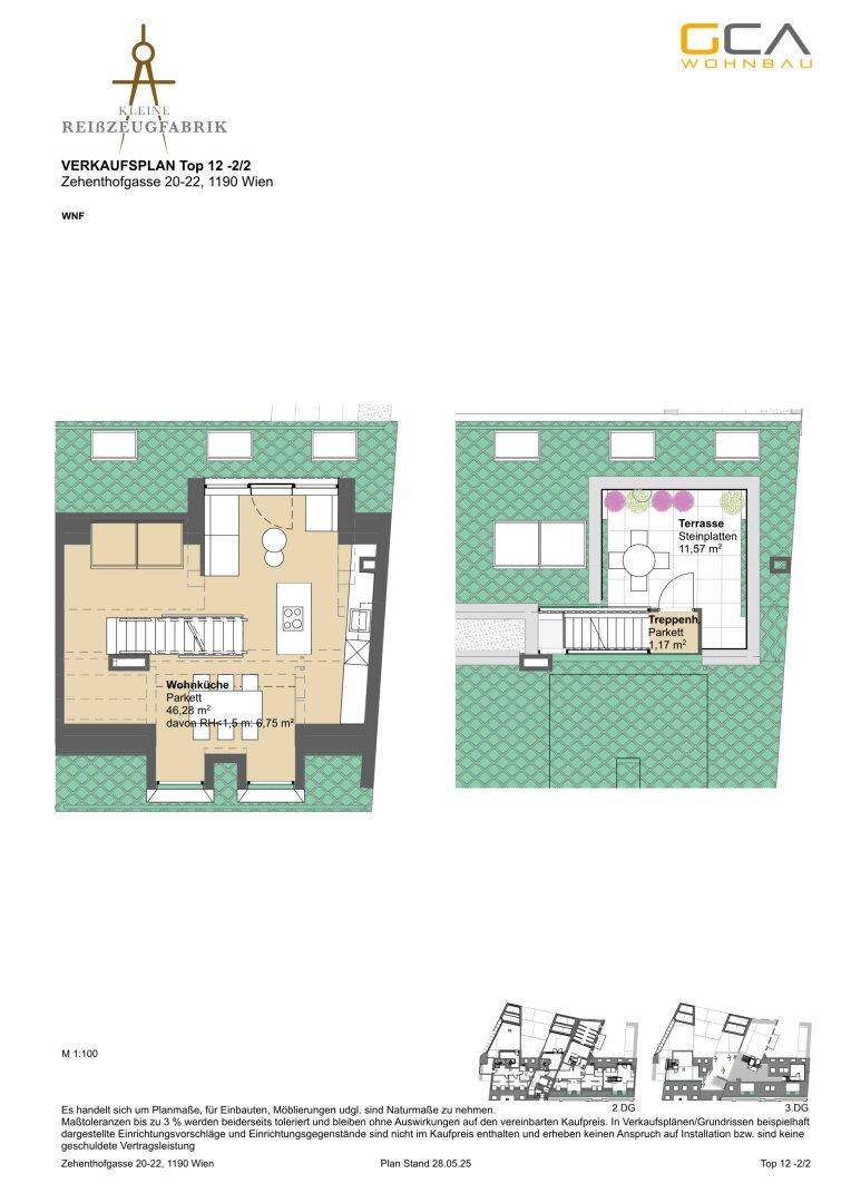 Grundriss der oberen Ebene mit offener Wohnküche, Essbereich und großer Dachterrasse.