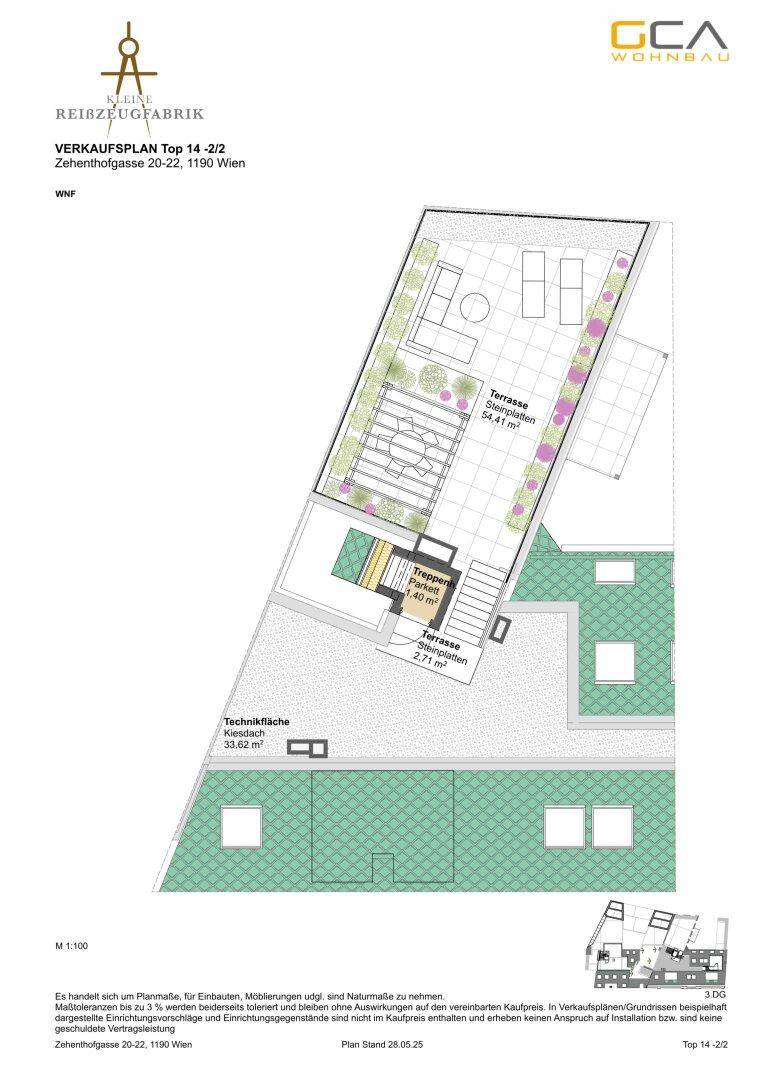 Grundriss der oberen Ebene mit großer Dachterrasse, Sitzbereichen und Bepflanzung.