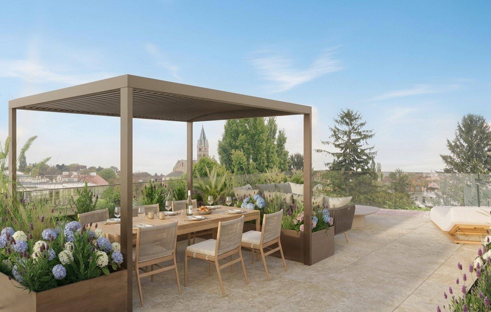 Geräumige Dachterrasse mit Pergola, Esstisch und Pflanzen, bietet einen weiten Blick.