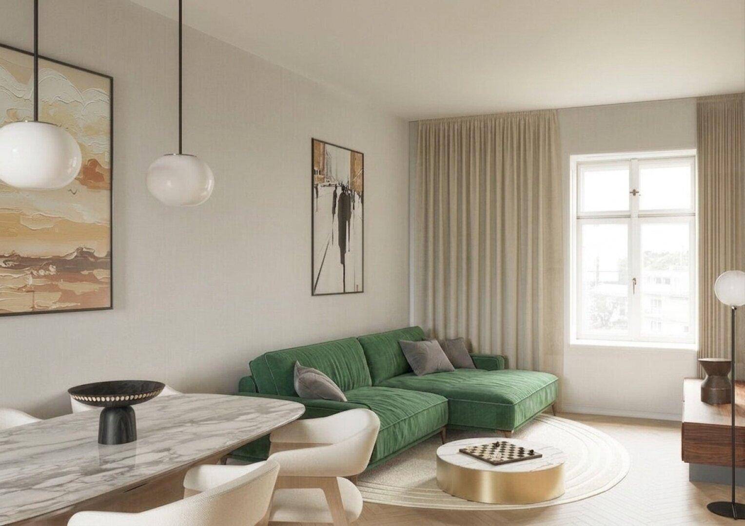 Heller Wohn- und Essbereich mit grünem Sofa, Marmortisch und modernen Kunstwerken.