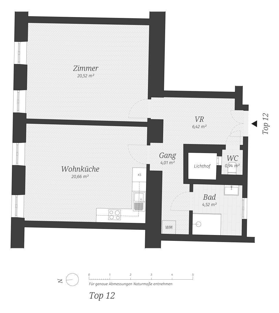 Grundriss der Wohnung mit Zimmer, Wohnküche, Bad und WC auf 52,55 m².