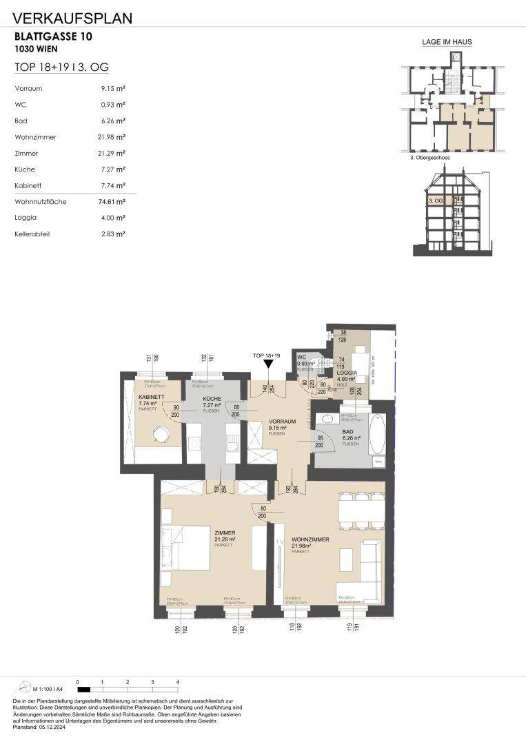 Verkaufsplan für eine Wohnung im 3. Obergeschoss mit mehreren Zimmern und Loggia.