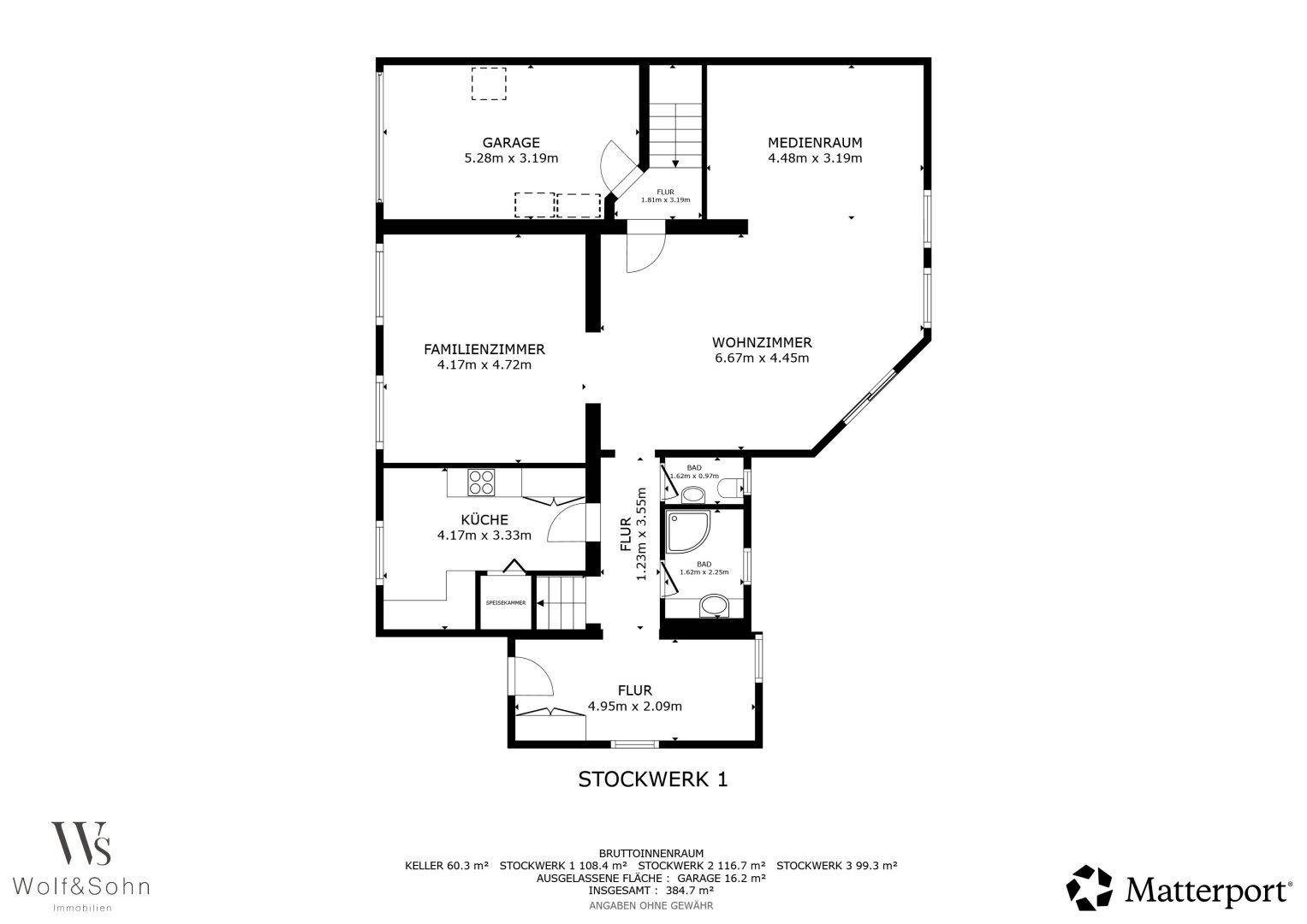Grundriss des ersten Stockwerks mit Wohnzimmer, Küche, Familienzimmer und Garage.