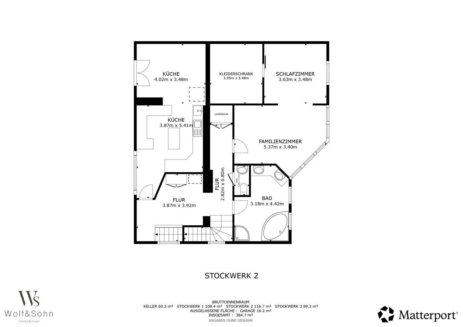 Grundriss des zweiten Stockwerks mit Schlafzimmer, Küche, Bad und Ankleidezimmer.