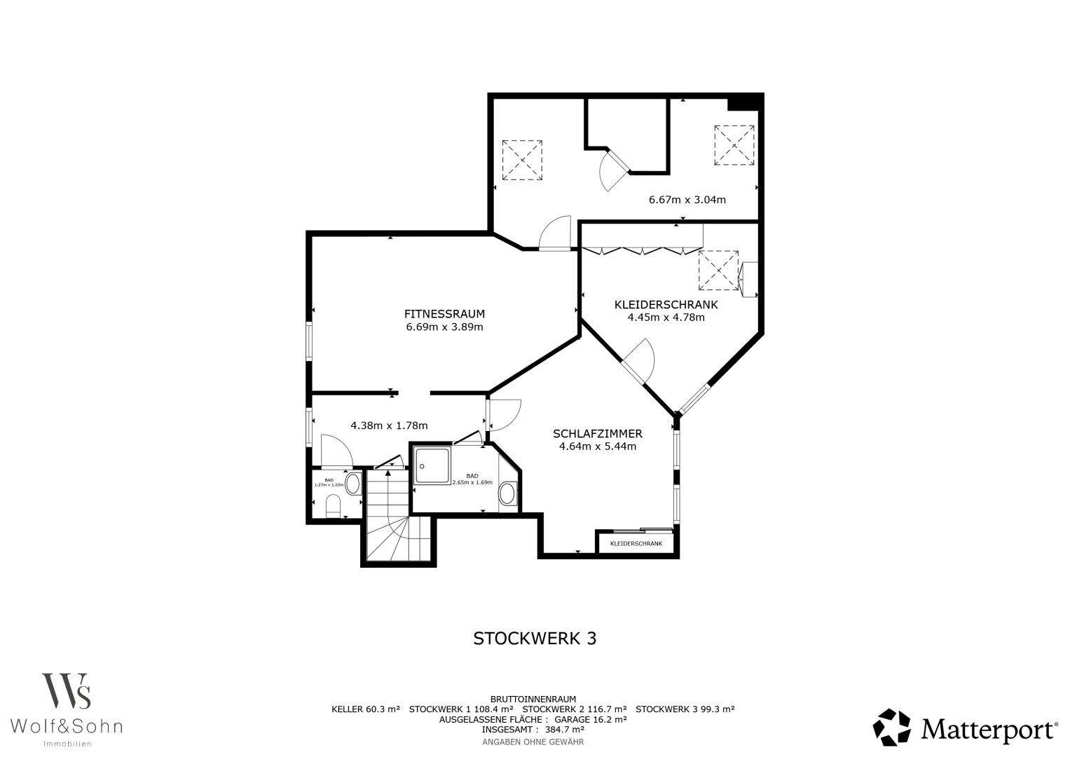 Grundriss des dritten Stockwerks mit Fitnessraum, Schlafzimmer und Ankleidezimmer.