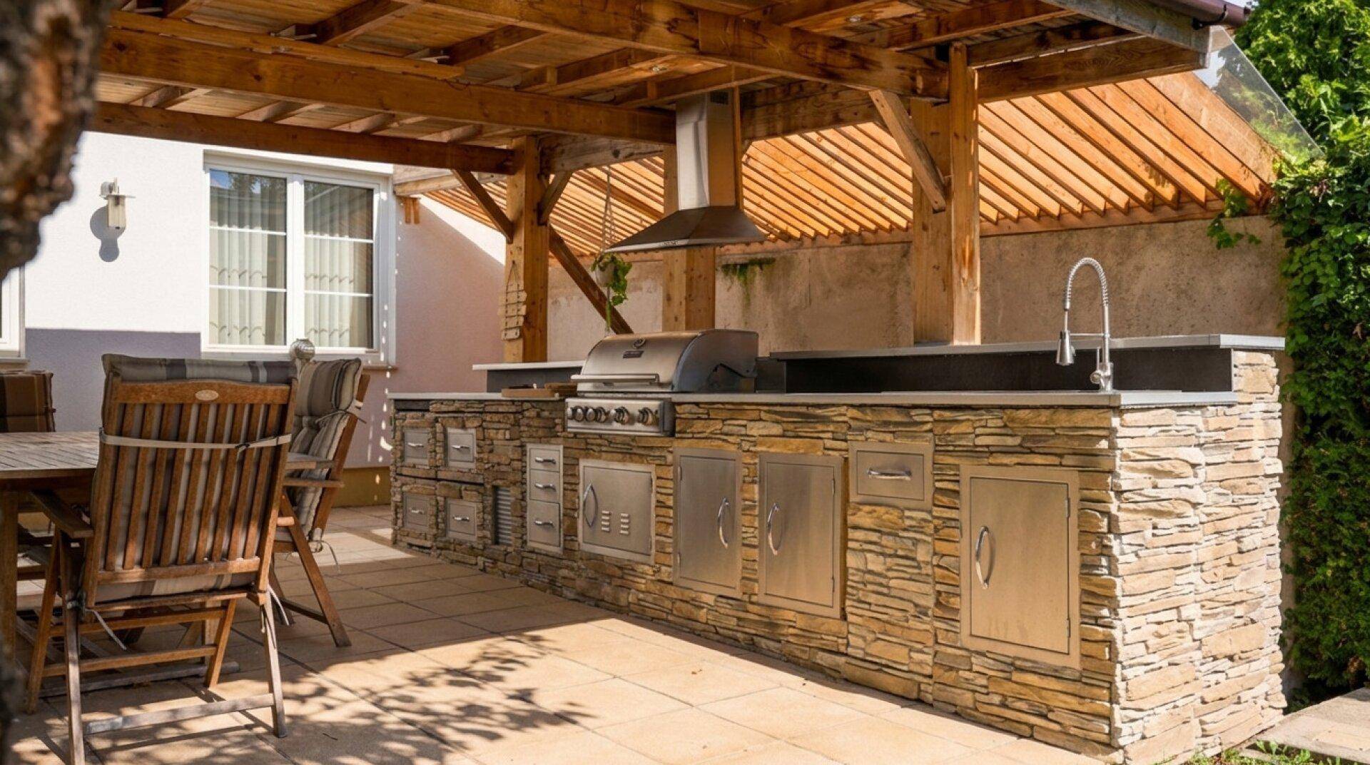 Überdachte Außenküche mit Grillbereich und Esstisch unter einer Holzpergola auf einer gefliesten Terrasse.