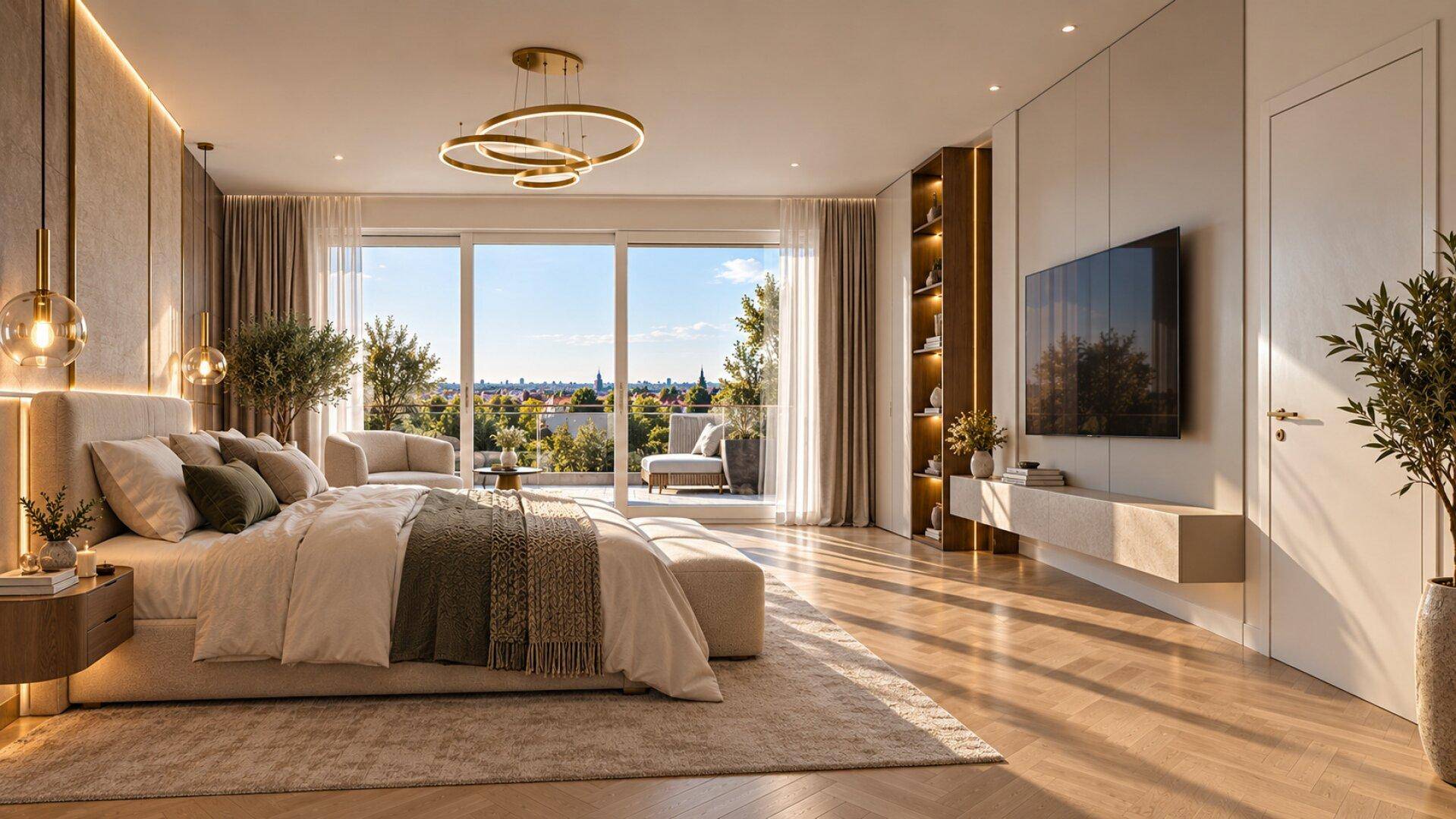 Elegantes Schlafzimmer mit Holzboden, Einbauschränken und Zugang zu einem Balkon mit Stadtblick.