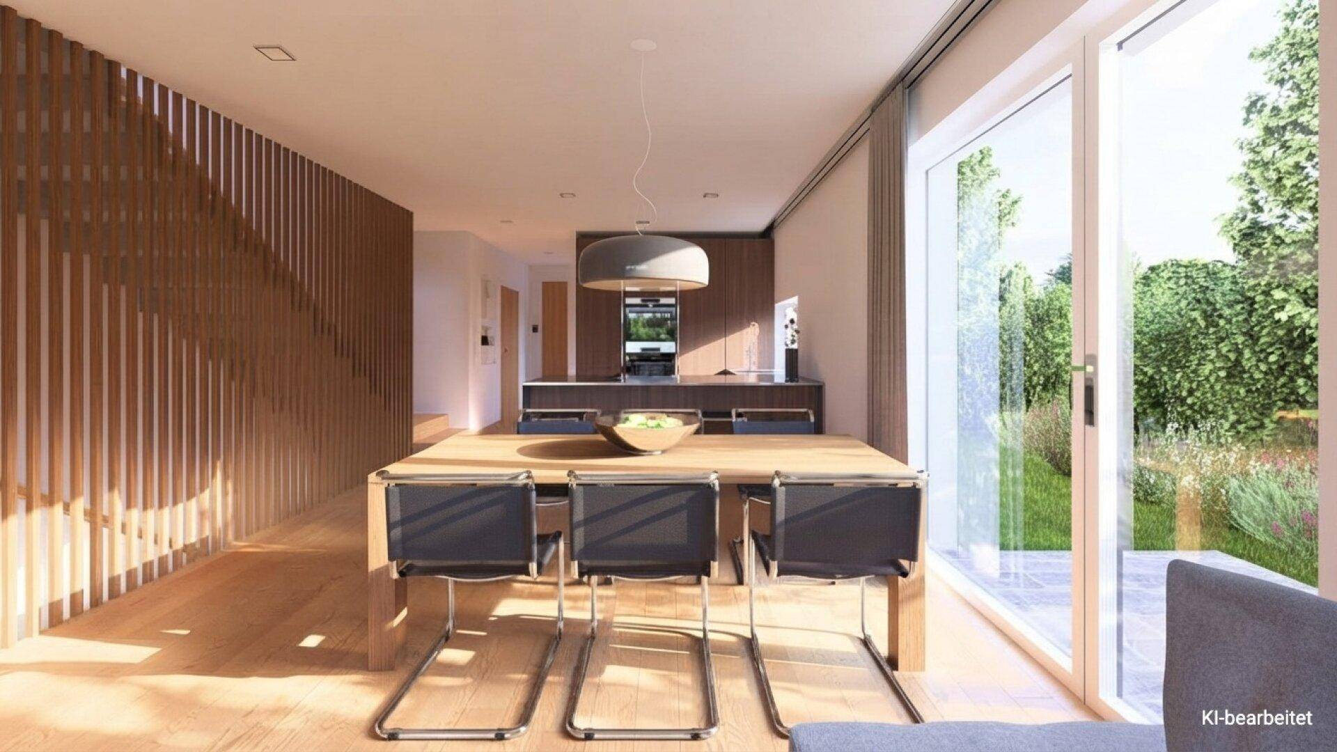Moderner Essbereich mit Holztisch, Designleuchte und offener Küche im Hintergrund.