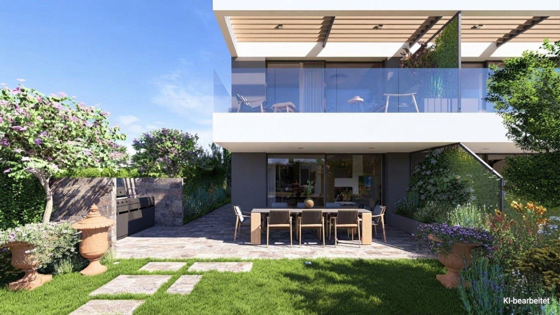 Große Terrasse mit Esstisch und Grillbereich, umgeben von einem gepflegten Garten.