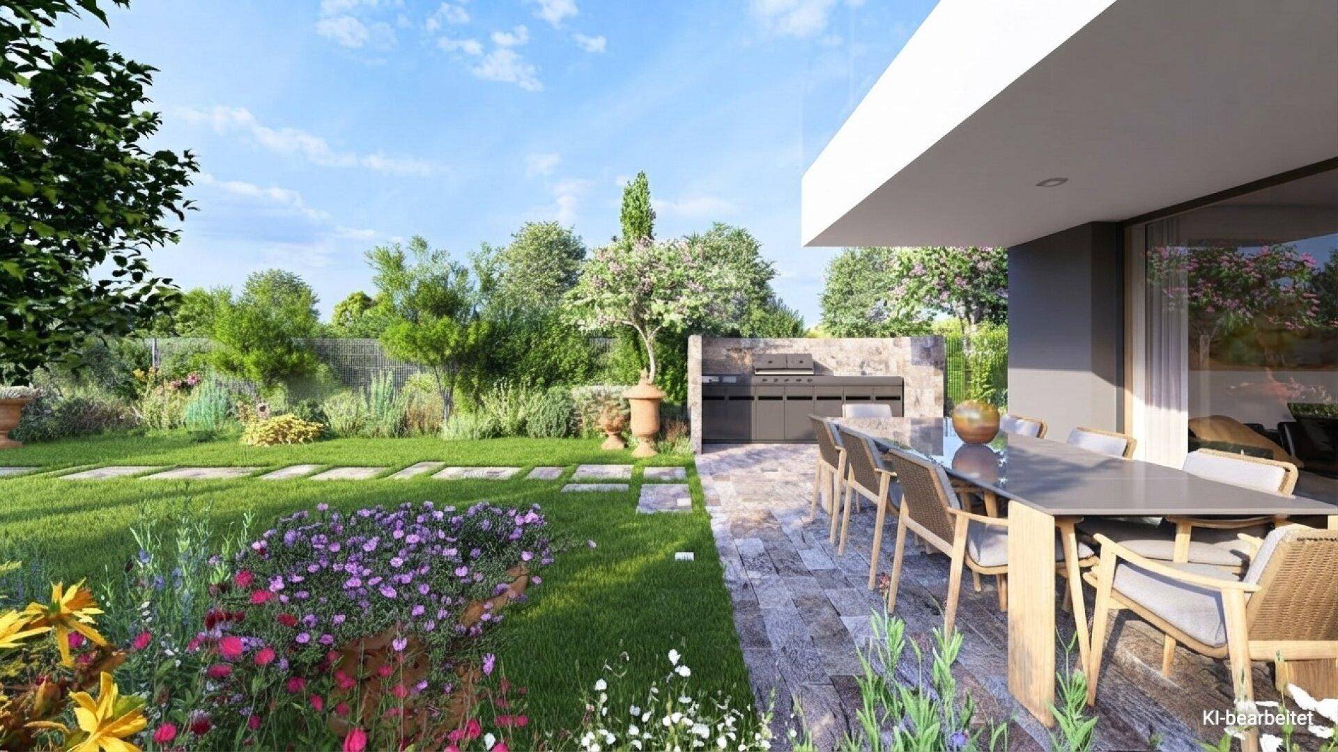 Sonniger Garten mit großer Terrasse, Essbereich und integriertem Grillplatz.