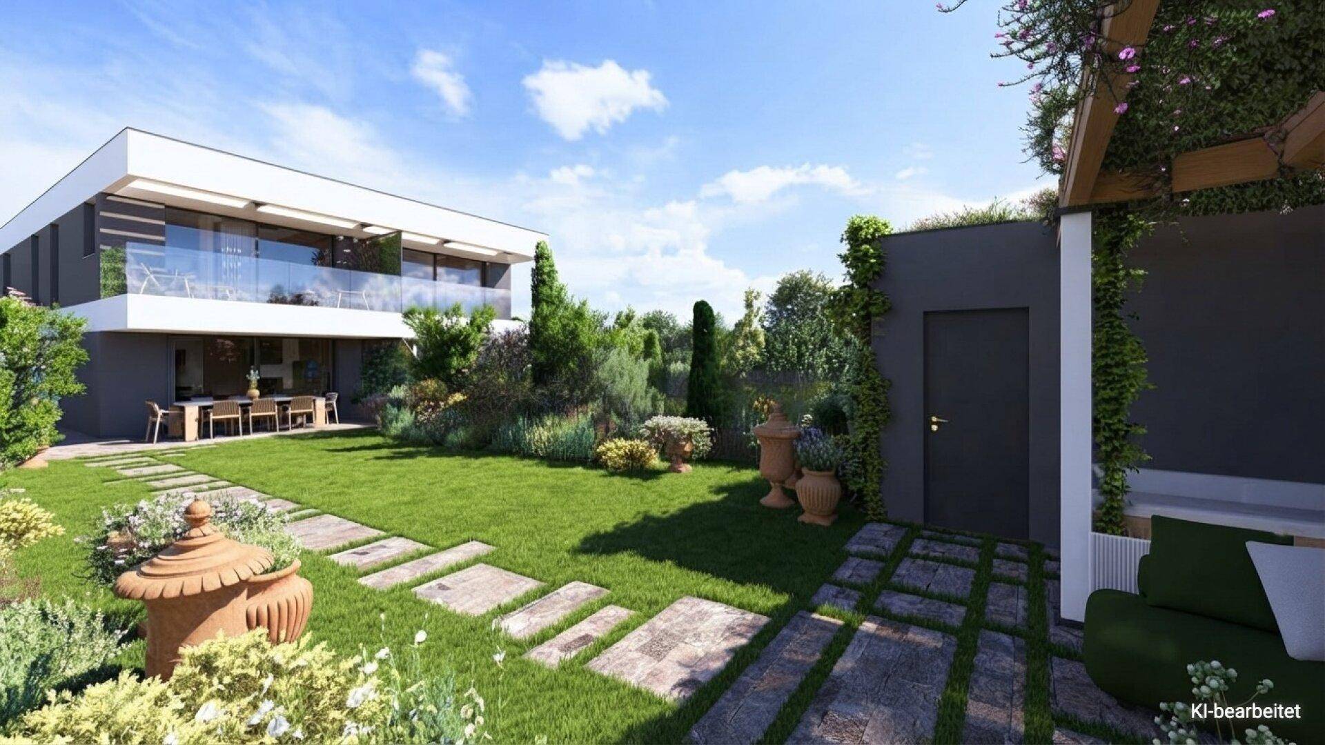Gepflegter Garten mit Steinplattenweg, üppiger Bepflanzung und Blick auf das moderne Haus.