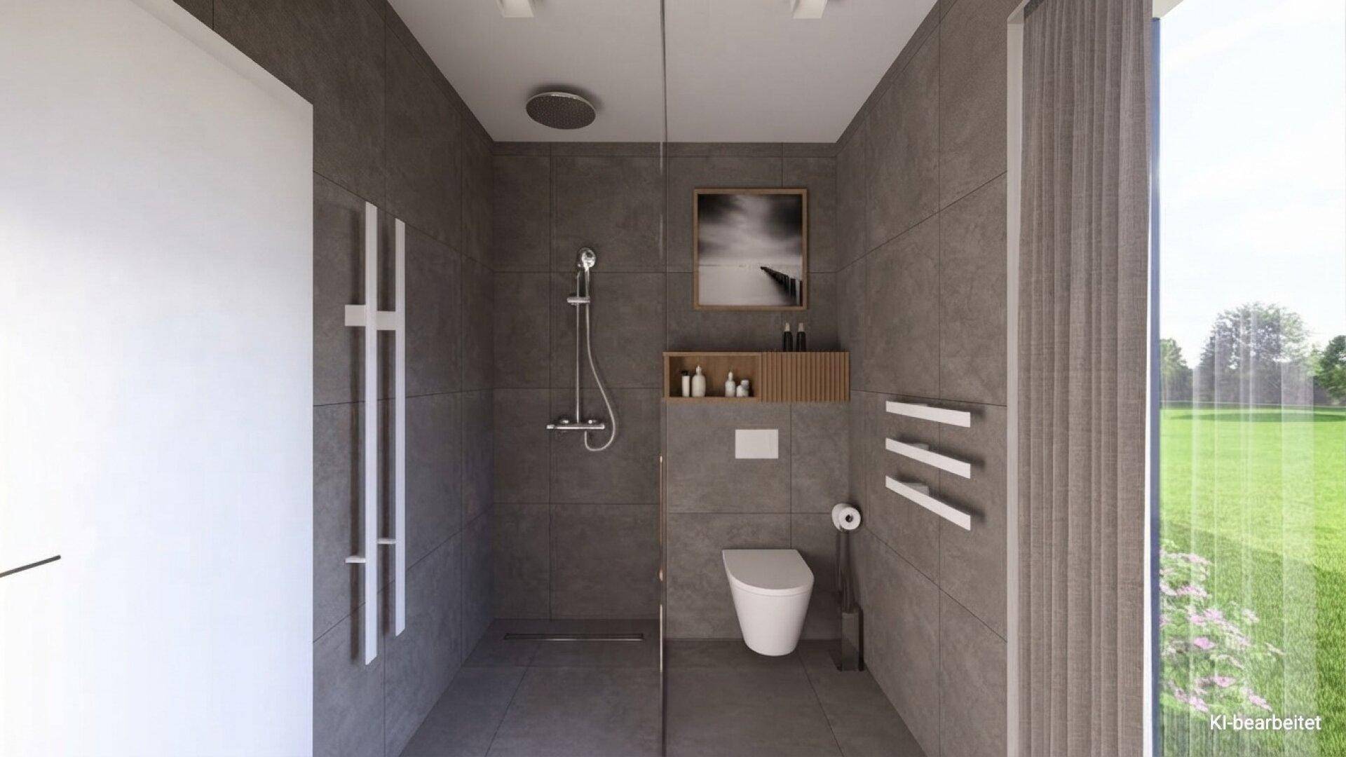 Modernes Badezimmer mit großformatigen Fliesen, ebenerdiger Dusche und Handtuchheizkörper.