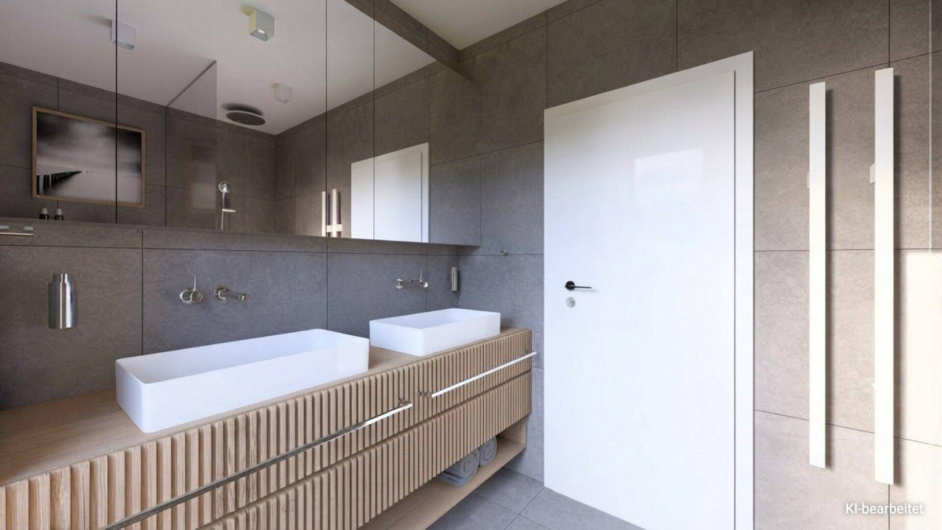 Modernes Badezimmer mit Doppelwaschbecken, grauen Fliesen und beheiztem Handtuchhalter.