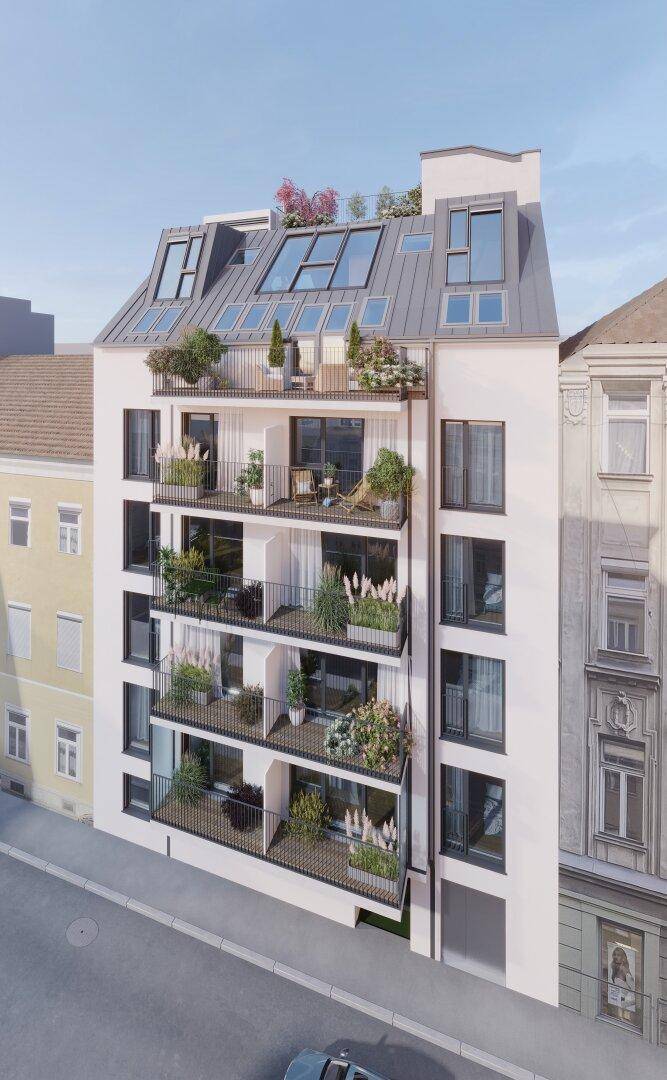 Elegante Fassade eines Neubaus mit mehreren Balkonen und großen Fenstern.