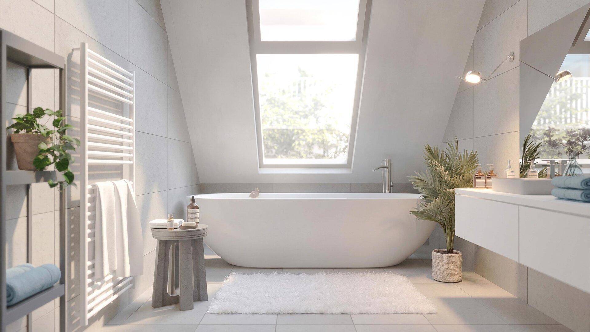 Modernes Badezimmer mit freistehender Badewanne, Dachfenster und beheiztem Handtuchhalter.