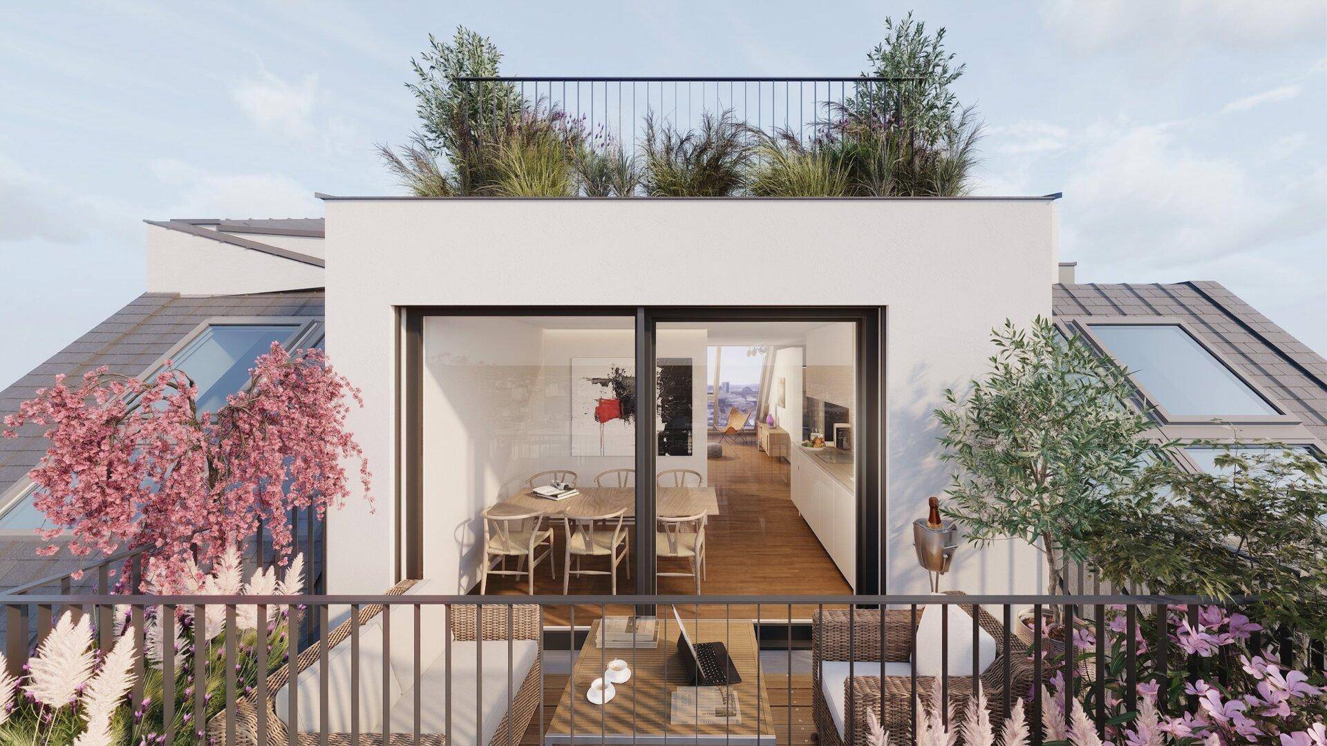 Geräumiger Balkon mit Sitzgelegenheiten und Blick in den offenen Wohnbereich.