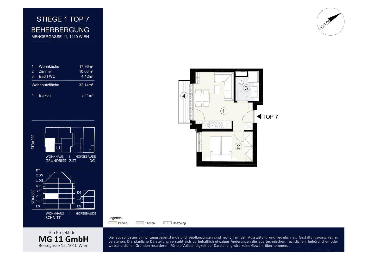 Grundriss der Wohnung Top 7 mit Wohnküche, Schlafzimmer und Balkon.