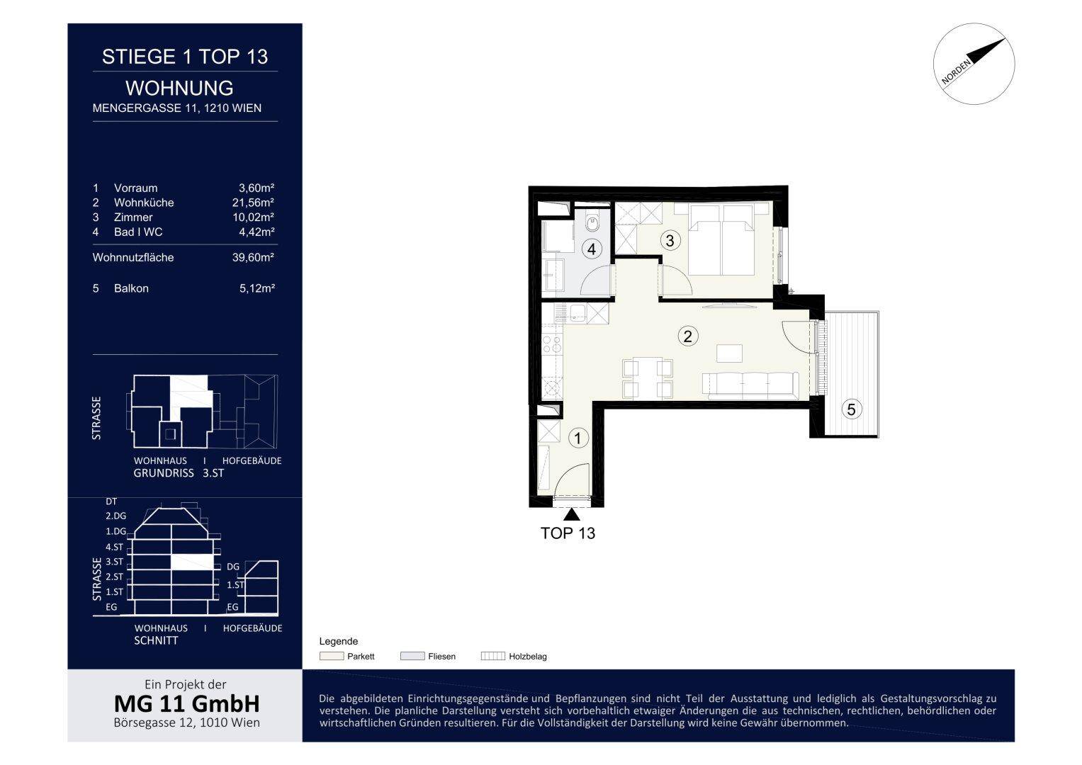 Grundriss der Wohnung Top 13 mit offener Wohnküche, Schlafzimmer, weiterem Zimmer und Balkon.