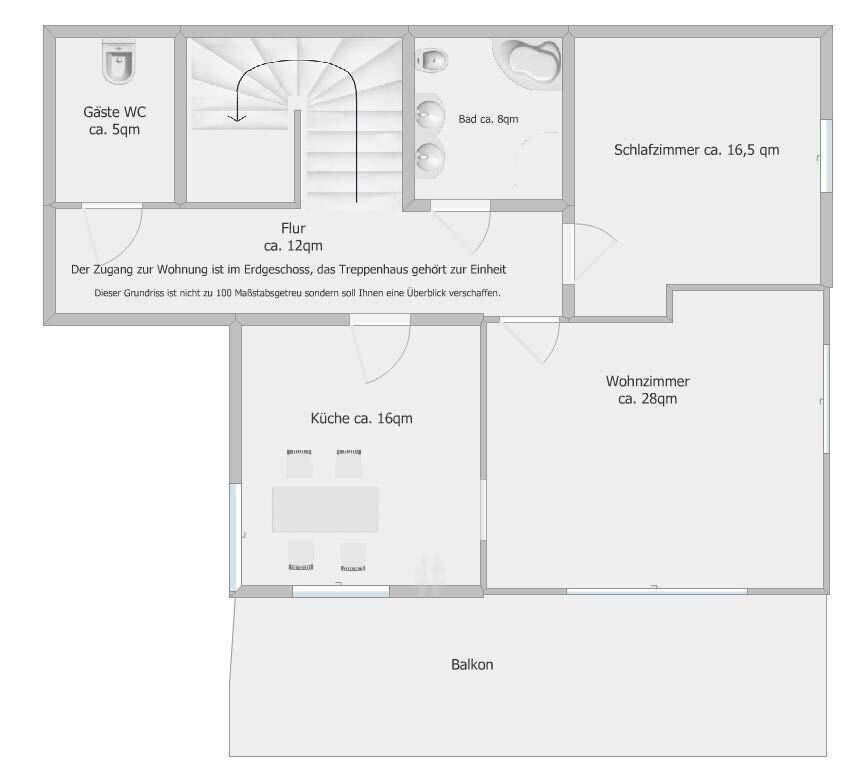 Grundriss des Obergeschosses mit Schlafzimmer, Wohnzimmer, Küche, Bad und Balkon.