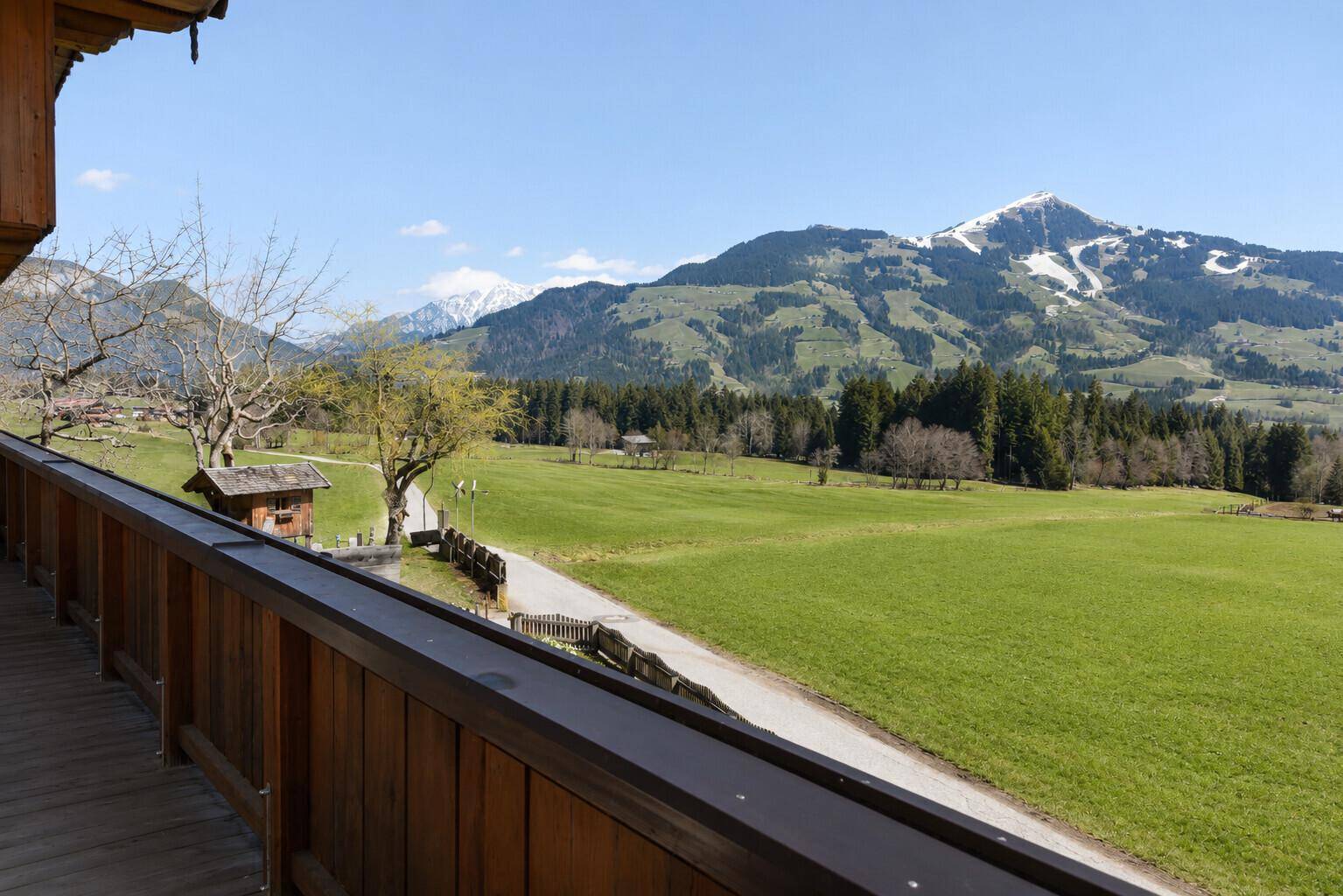 Großer Holzbalkon mit weitem Blick über grüne Wiesen und schneebedeckte Berge.