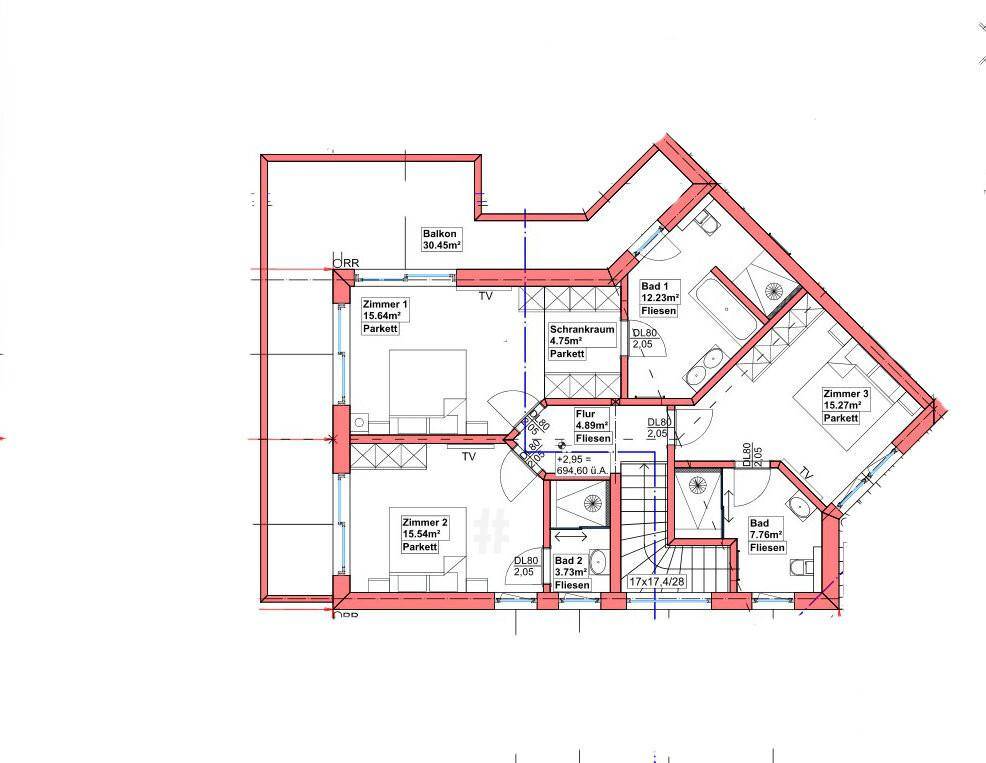 Grundriss des Obergeschosses mit mehreren Schlafzimmern, Bädern und großem Balkon.