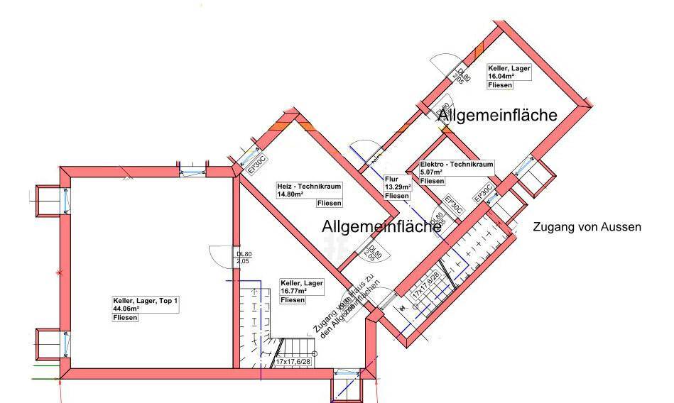 Grundriss des Kellergeschosses mit Technikräumen und Lagerflächen.