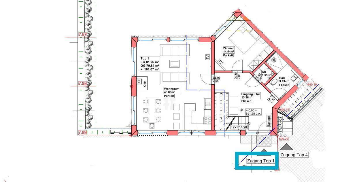 Grundriss des Erdgeschosses mit Wohnbereich, Schlafzimmer und Zugang zum Garten.