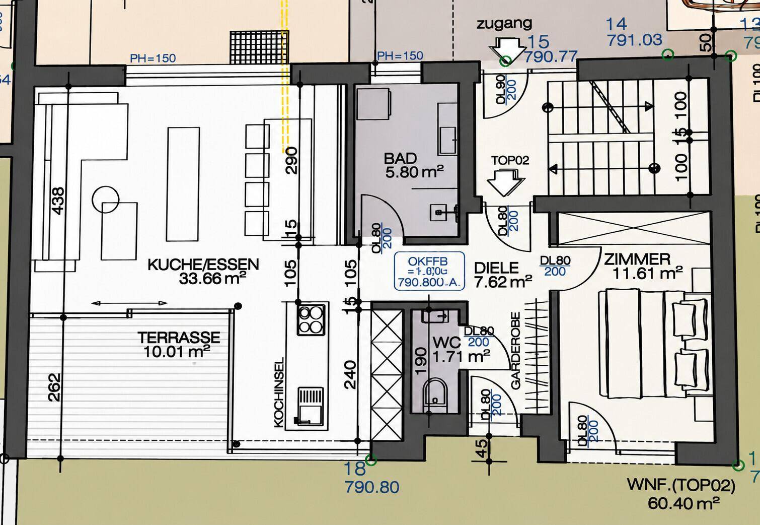 Grundriss der Wohnung mit offener Küche, Wohnbereich, Terrasse und Schlafzimmer.