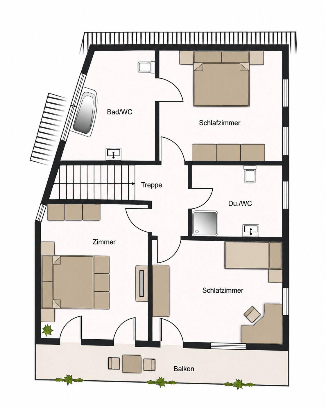 Grundriss des Obergeschosses mit Schlafzimmern, Bädern und Balkon.