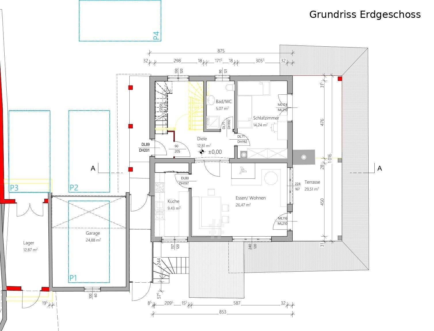 Grundriss des Erdgeschosses mit Wohn-Essbereich, Küche, Schlafzimmer und Terrasse.