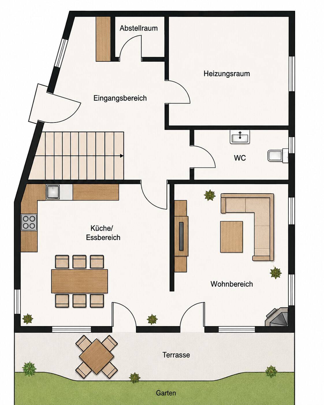 Grundriss des Erdgeschosses mit Küche, Essbereich, Wohnbereich und Terrasse.
