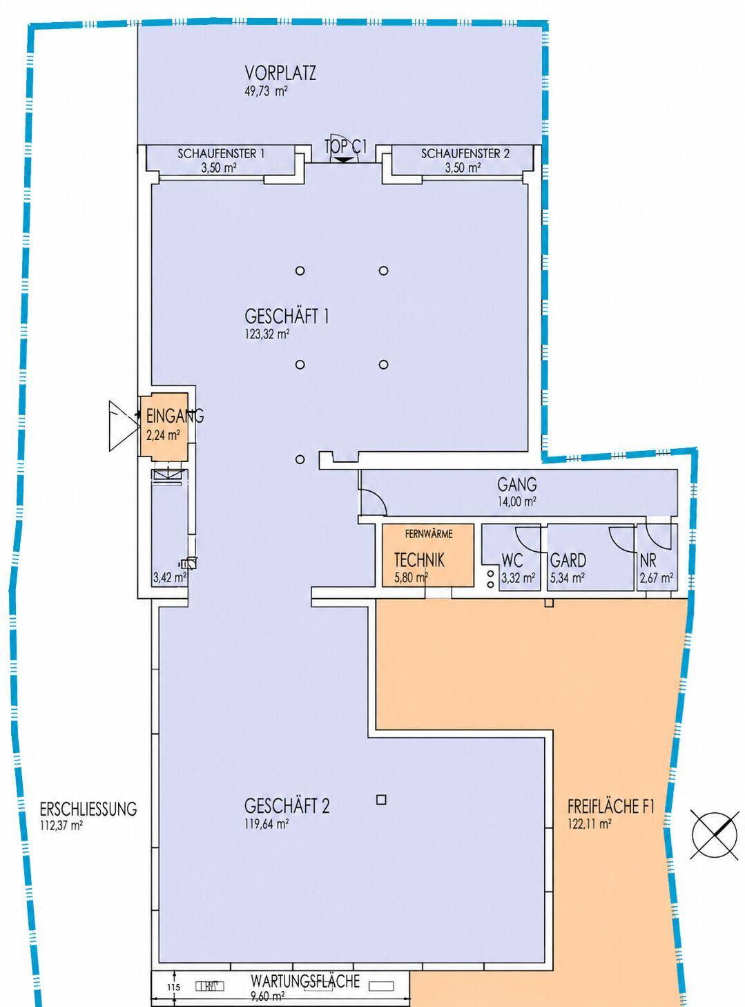 Detaillierter Grundriss für zwei Geschäftsflächen mit Vorplatz und Freifläche.