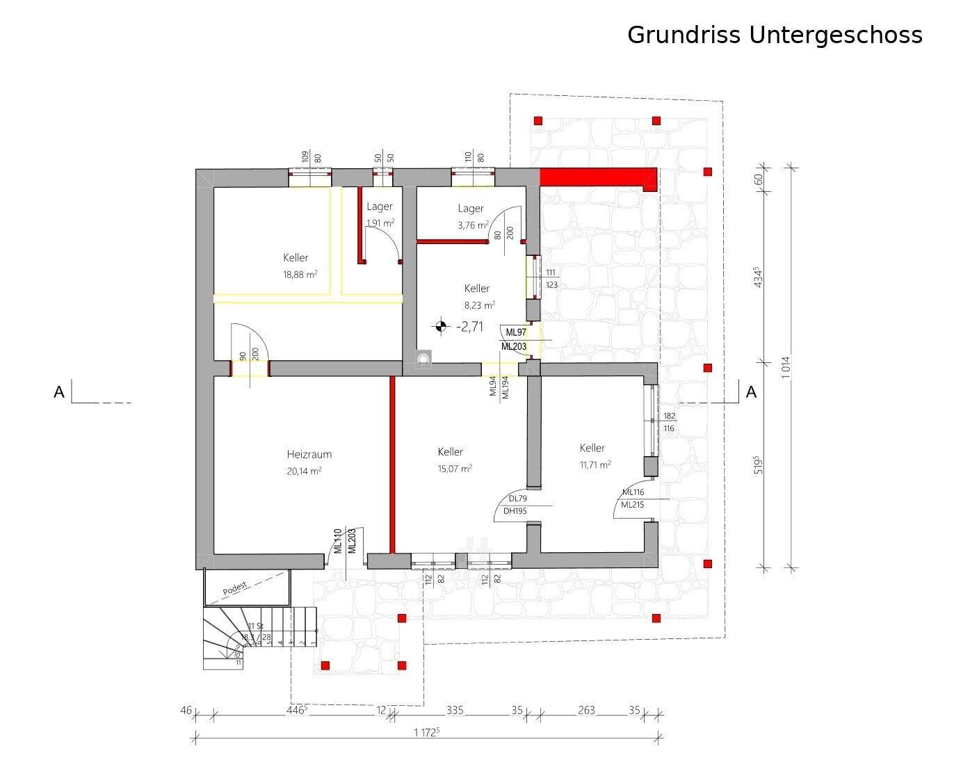 Grundriss des Untergeschosses mit mehreren Kellerräumen und Heizraum.