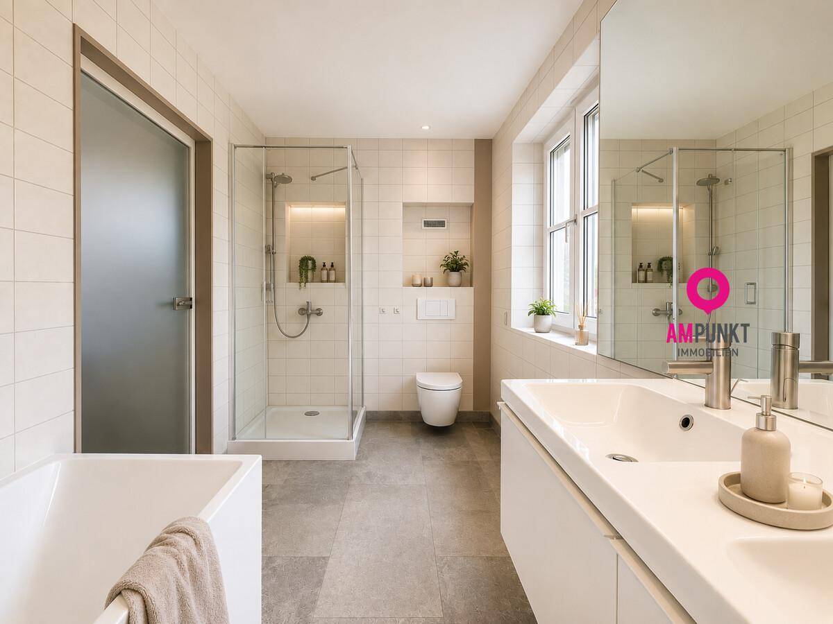 Modernes Badezimmer mit Dusche, Badewanne, Doppelwaschbecken und Fenster.