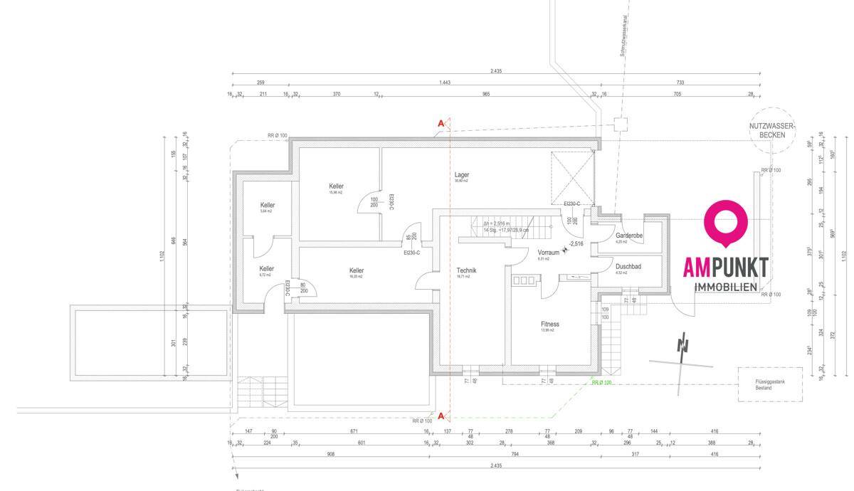 Grundriss des Untergeschosses mit Keller, Technikraum, Lager und Fitnessbereich.