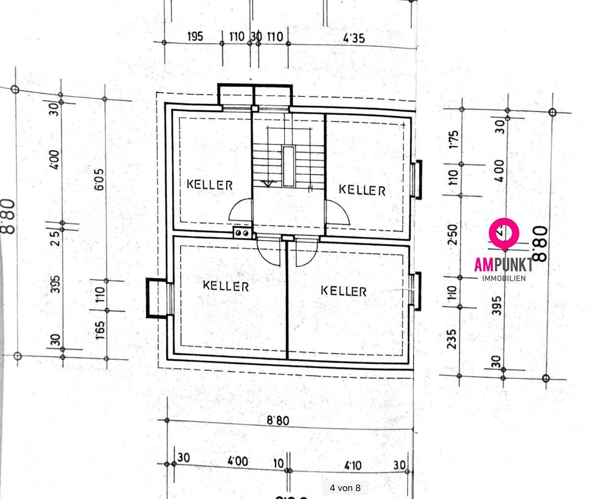 Grundriss des Kellergeschosses mit mehreren Kellerräumen und Abmessungen.