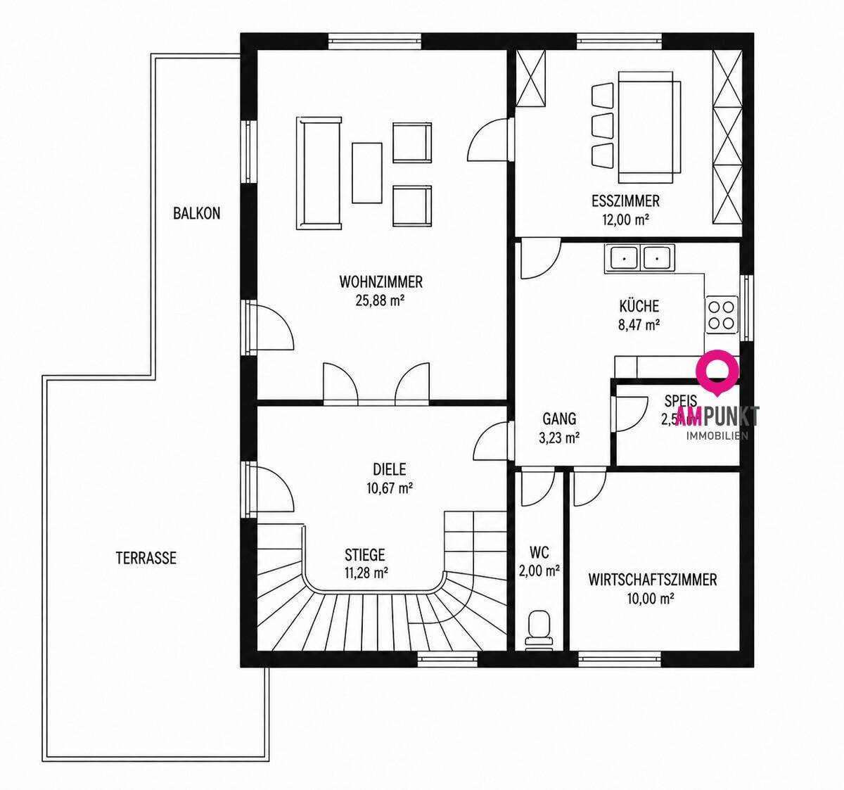 Grundriss des Erdgeschosses mit Wohnzimmer, Esszimmer, Küche, Balkon und Terrasse.