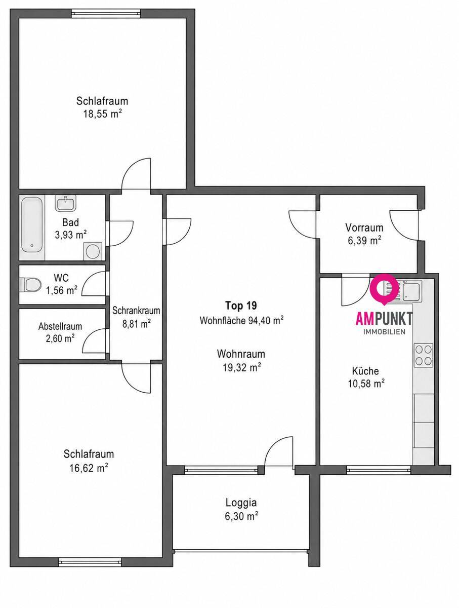 Grundriss einer Wohnung mit zwei Schlafzimmern, Bad, separatem WC, Wohnzimmer, Küche und Loggia.
