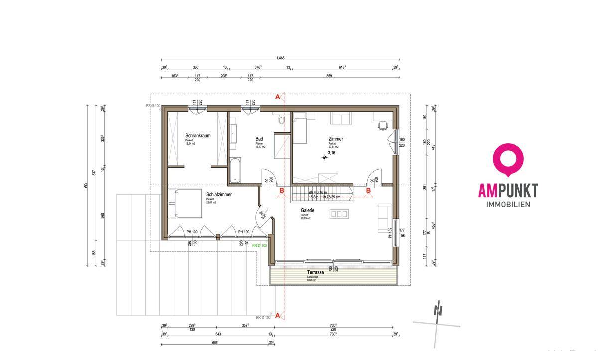 Grundriss des Obergeschosses mit Schlafzimmer, Bad, Schrankraum, Galerie und Terrasse.