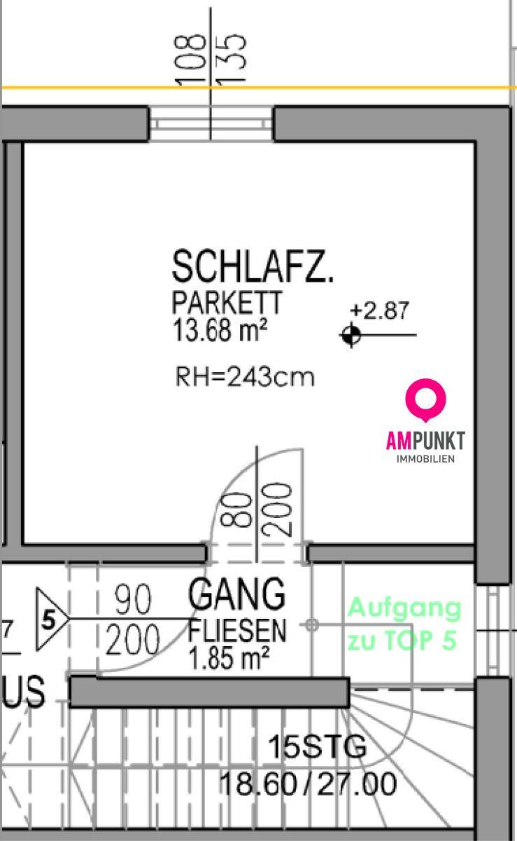 Detailansicht eines Schlafzimmers und des Flurs im Grundrissplan.